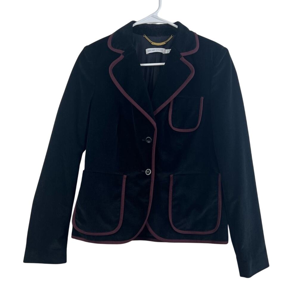 See By Chloé Black Velvet Blazer with Wine Trim